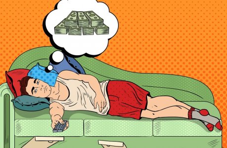 Pop Art Lazy Man Lying on Sofa, Watching TV and Dreaming about Big Money. Vector illustration