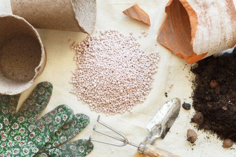 Heap of mineral fertilizers among garden tools. Concept with pots, earth, glove, scoop. Mineral granules for plants. Top view.